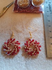 Handmade Beaded Hoop Earrings - Christmas Wreath 