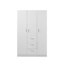 White 3 Door 3 Drawer Triple Wardrobe with Storage Shelves Hanging Rod Bedroom