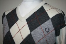 Fred Perry Mens Argyle Lambswool Jumper -L- Ivory/Grey - Mod 80s Casuals Top
