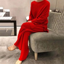 Women's Knitted Sweater Suit Co-ord Top Loose Pants Ladies Lounge Tracksuit Set！