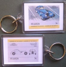 1939 BUGATTI Type 57SC Atlantic Coupe Car Stamp Keyring (Auto 100 Automobile)