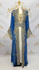 Fancy Kaftan Dress 3Pc Golden Embroidery & Beads Paisley Design Women Long Abaya
