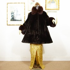 1970s Faux Fur Swing Coat with Real Fur Collar & Cuffs Chocolate Brown Size M