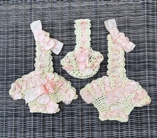 vintage child's crochet flower/confetti baskets cream with pink ribbon 