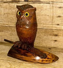 Vintage Black Forest Hand-Carved Treen Owl Inkwell & Fountain Pen Desk Ornament