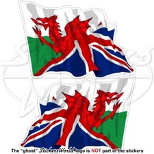 WALES-UK British Flying Flag, Welsh Red Dragon-Union Jack 120mm Sticker Decal x2