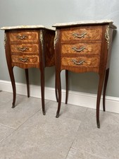 French Marquetry Bedside Tables Drawers Louis XVI Style Cabinets Marble Tops