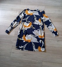 H&M Dark Blue Bird Print Tunic Dress Keyhole Back Long Sleeves Smart Casual UK12