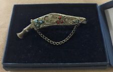 ANTIQUE ? KUKRI TIE CLIP - PEWTER WITH ORNATE BEADED DESIGN & CHAIN