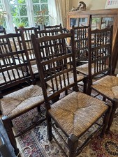 8 Exceptional Vintage French Solid Oak Spindle Back Rush Seat Farmhouse Chairs 