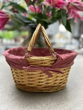 Honey Wicker Shopper Shopping Basket with Red Gingham Liner Fold Flat Handles