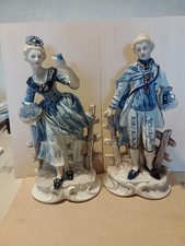 Lady and Gent Porcelain Figures - Blue and White with Gold Detail - Vintage -