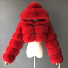 Women Luxury Faux Fur Hood Shaggy Jacket Winter ShortTop Coat Warm Outwear Gifts