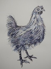 Original black pen & ink wash drawing of a chicken on ivory white paper