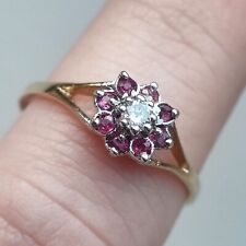 Hallmarked 9ct Yellow Gold Diamond & Ruby Halo Cluster Ring Size R 1.7g