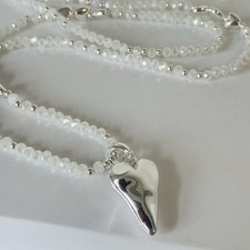 Silver Heart Pendant Long White Beaded Necklace Women’s Hearts Love Jewellery