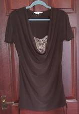 Michele Hope Brown Scoop Neck Top With Lace Insert. Size 10/12.