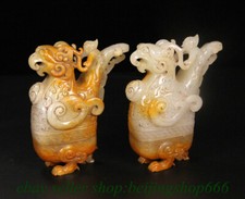 5" Old Chinese Hetian Jade Nephrite Carved Phoenix Bird Figure Box Statue Pair