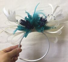 Cream, Turquoise Teal Navy Fascinator on Headband UK Wedding Ascot Races Loop