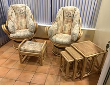 Wicker Swivel Chairs, Foot Stall & 3 Nest Tables For Conservatory 