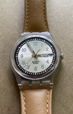 Swatch Watch Croissant Chaud GE700 Day Date Brown Leather Strap Working Original