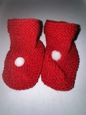 Christmas Hand Made Knitted Wool 0-6 Months Baby Booties Red With White Bobble