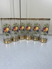 6 x Vintage lemonade Drinking Glasses Fruit Design Clear Glass Gold Rim  bottom 