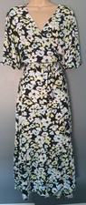 New Look Size 18 Black Green Blue White Flower Short Sleeve Midi Wrap Dress !
