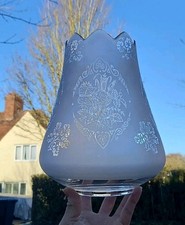 Antique Vintage Conical Floral Etched Frosted Clesr Glass Oil Lamp Shade