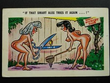 Comic Humour NATURIST - SCISSORS READY AT HOLE IN FENCE c1960/70s Pedro Postcard