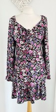 Ladies QED London Black Pink Lilac Floral Long Sleeve Stretchy Dress Size 10