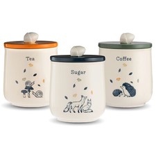 Canister Set 1L Ceramic Woodland Airtight Jars Tea Sugar Coffee Storage Set of 3