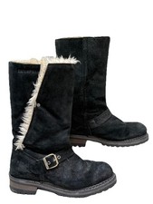 Caterpillar Black Suede Leather Mid Calf Boots Fur Lined UK 4 Wide Fit