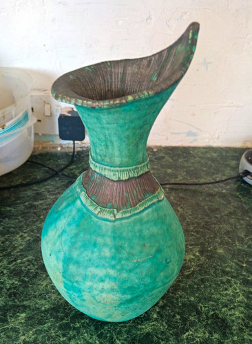 Green art pottery vase signed - green,