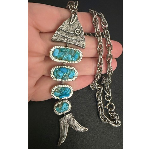 Vintage fish necklace stone - necklace,