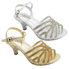 Girls Diamante Bridal Low Kitten Heel Shoes Childrens Kids Wedding Party Sandals