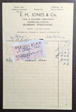 1919 E. M. Jones & Co. Coal & Builders' Merchants Blaenau Ffestiniog Receipt
