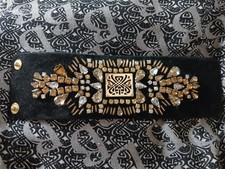 Biba Black Leather & Velvet Wrist Cuff Bling Bracelet Iconic - Small.