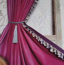 Handmade Pink Velvet Door Curtain 149 x 205cmD. Ruffle Top, Purple Lining, Frill