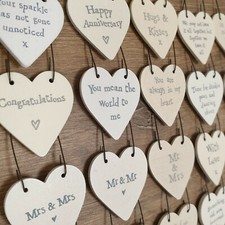 LOVE & WEDDING HEART TAGS Mini Wooden Signs 3cm Rustic Favours Keepsake Gift