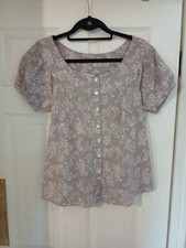 Women's BHs Light Brown Pleated Floral Botton Summer Blouse Size 10