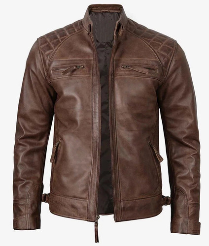 Mens brown leather biker - leather,