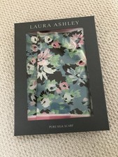New Boxed Laura Ashley Blue Pink Flowers Silk Scarf Original Box 10” by 66”