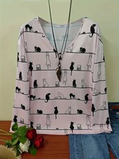 PLUS SIZE 22 24 26 28 PINK CARTOON CAT LONG SLEEVE T SHIRT TOP BLOUSE STRETCH