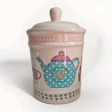 "Time For Tea" Ceramic biscuit bin Storage Jar cookie Shabby Chic vintage style