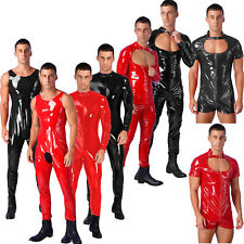 Men Shiny Metallic PVC Leather Full Body Zentai Zipper Catsuit Jumpsuit UK