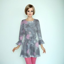 Vintage 60s Mod Go Go 1960s  Mini Dress Floral Long Sleeve Bell Sleeves UK 10