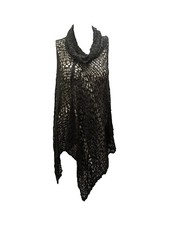 WOMENS PLUS SIZE BOHO CROCHET KNIT PONCHO SHAWL PULLOVER TOP FREE SIZE - BLACK