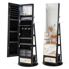 360�� Rotating Jewelry Armoire Full Length Mirrored Makeup Cabinet-Black