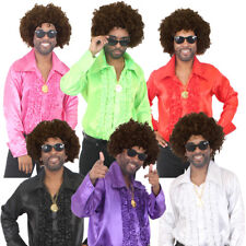 MENS 60s 70s DISCO COSTUME SHIRT RUFFLE ADULTS FANCY DRESS WIG GLASSES NECKLACE